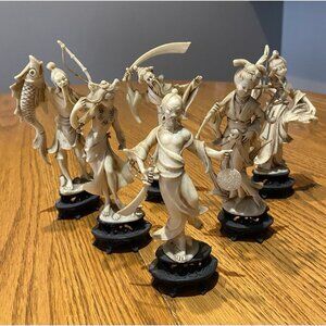 6 Vtg Asian Figures Made in Italy Resin/plastic on Stand  5”-6” Tall Men & Women